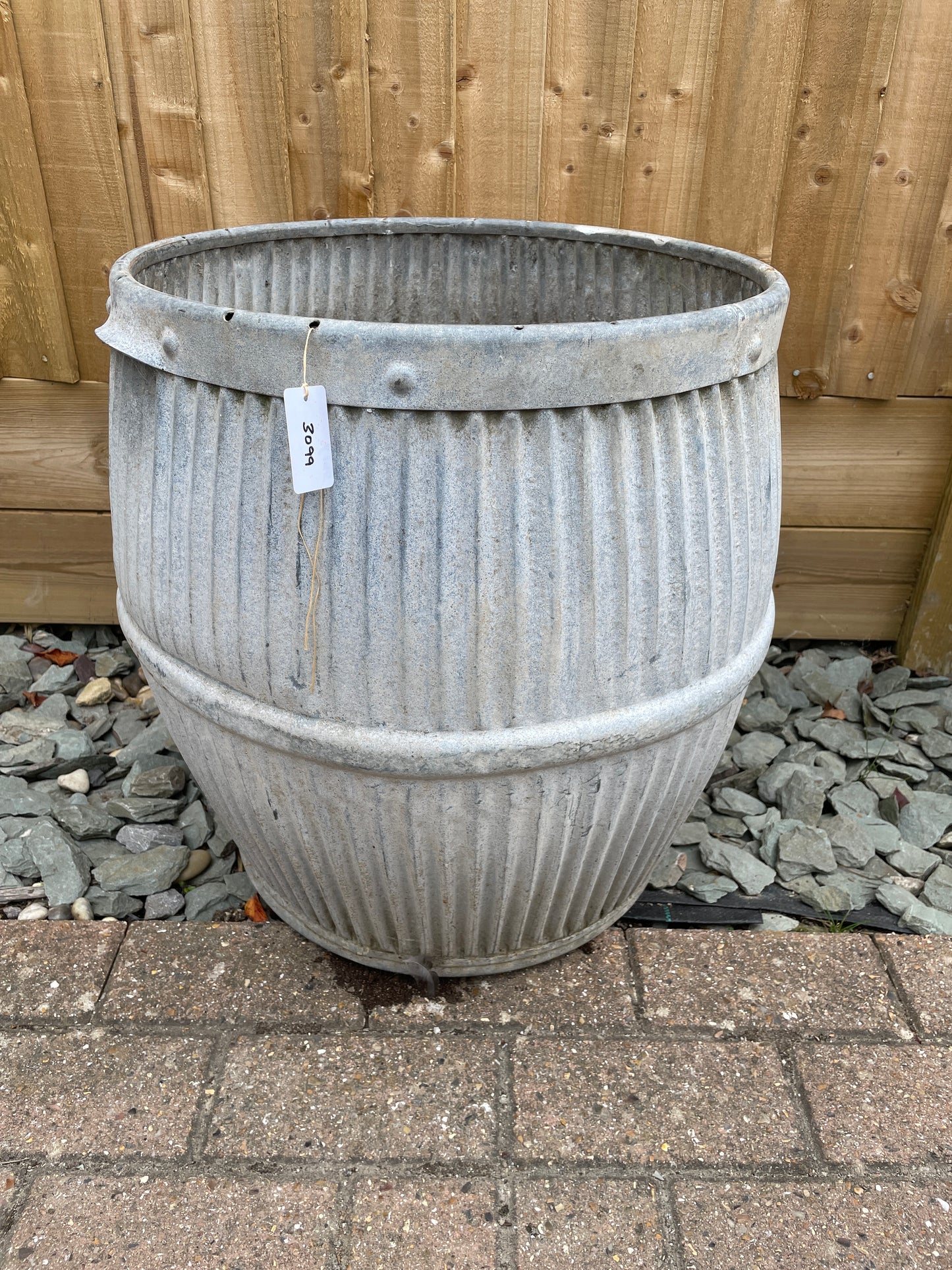 Dolly tub vintage original English design galvanised barrel shaped planter.