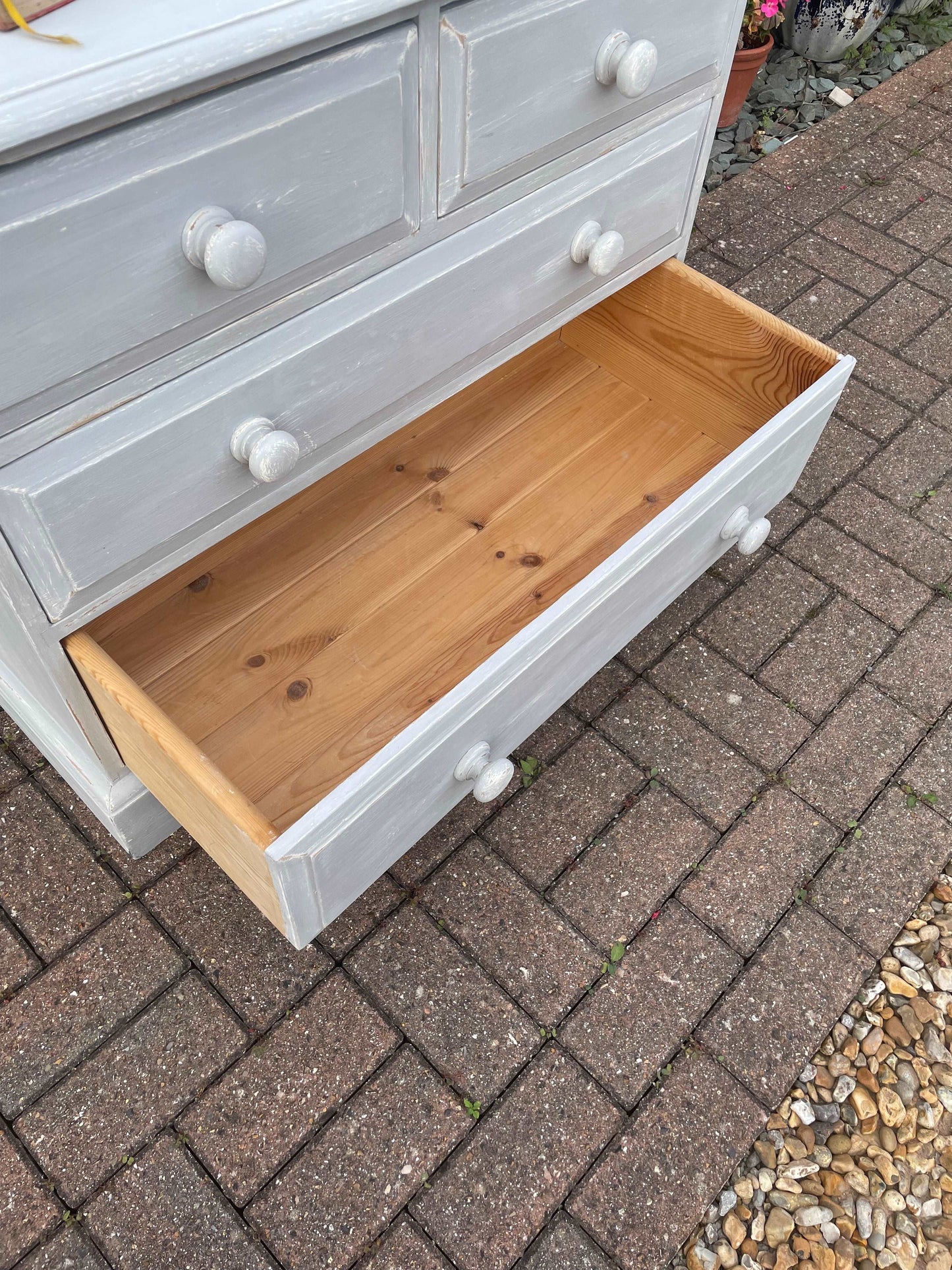 Solid pine 2 over 3 chest of drawers grey distressed paint.