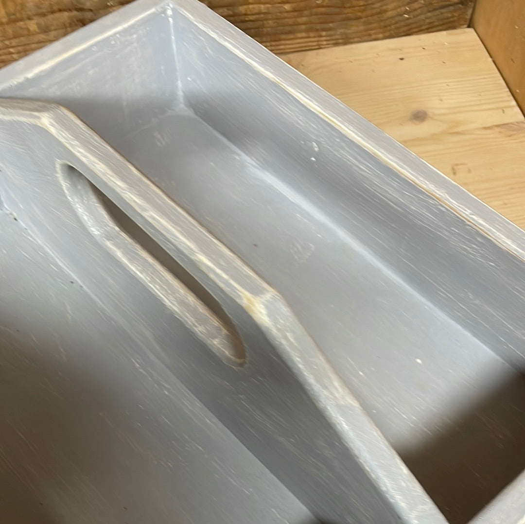 Handcrafted wooden painted tote tool tray, grey / white, 35cm.