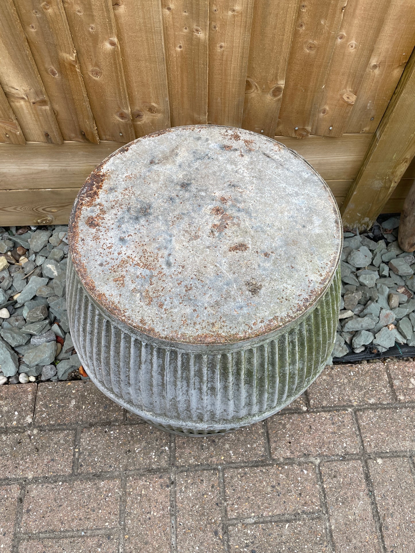 Dolly tub original vintage English design barrel shaped galvanised planter.