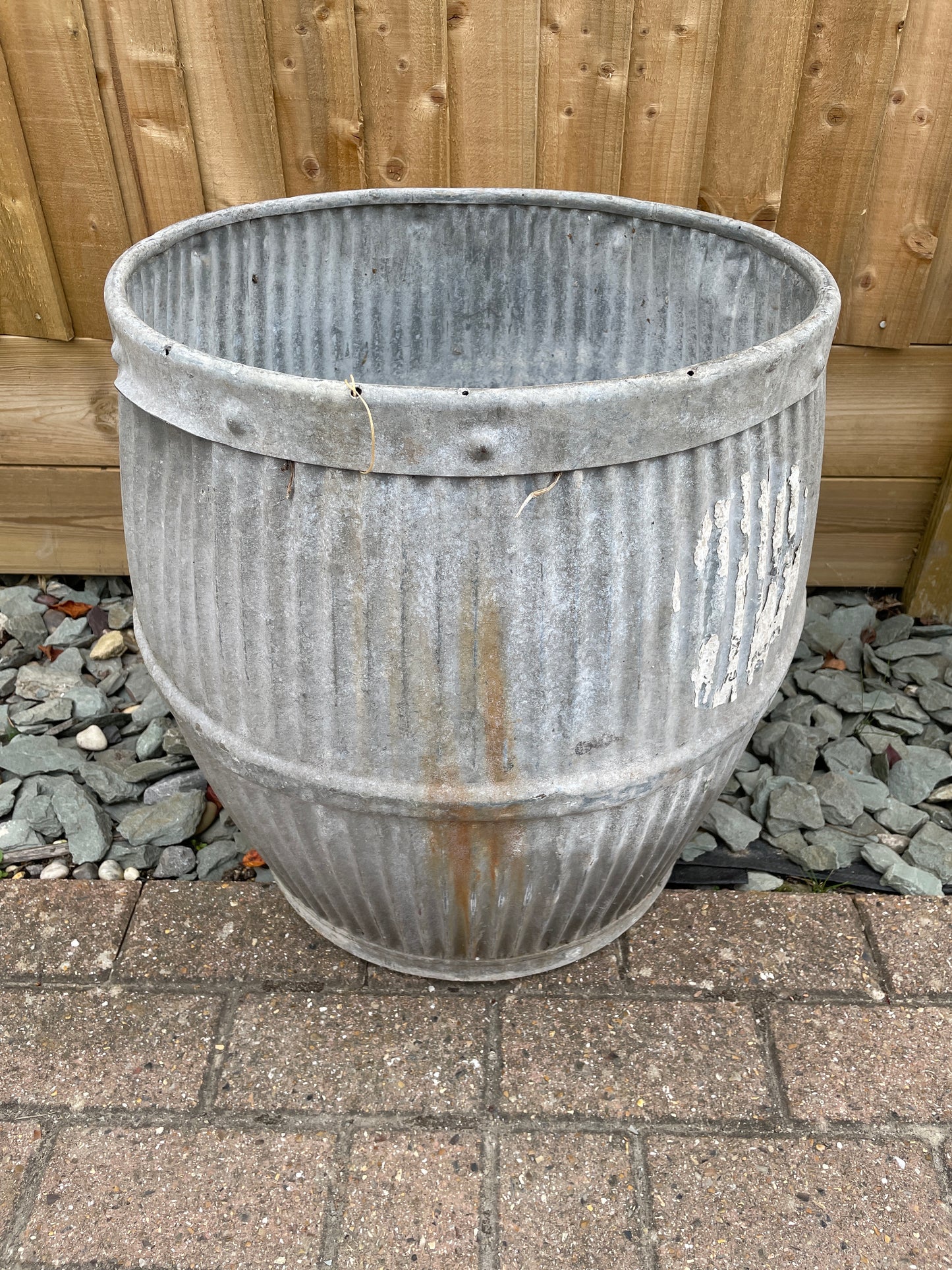 Dolly tub original vintage English design barrel shaped galvanised planter.