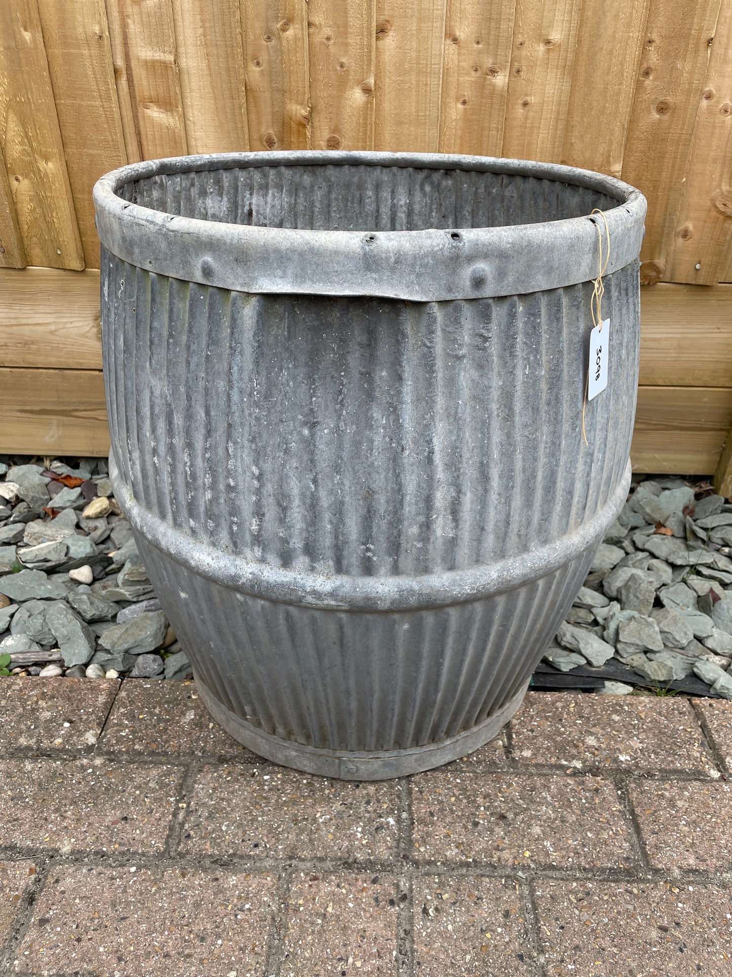 Dolly tub vintage original English design barrel shaped galvanised planter.