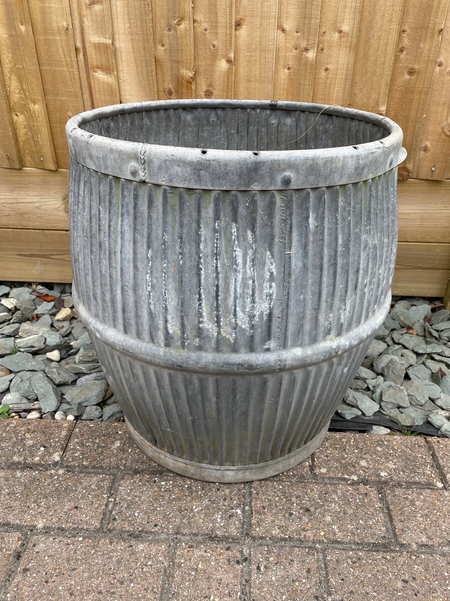 Dolly tub vintage original English design barrel shaped galvanised planter.