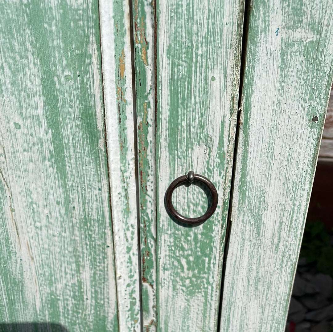 Pair of Indian bedside cupboard tables cabinets, Green and White distressed finish.