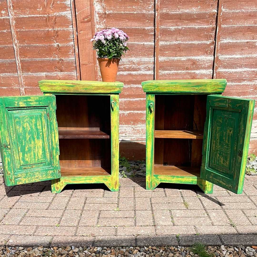 Pair of Indian bedside cupboard tables cabinets, Green distressed finish.