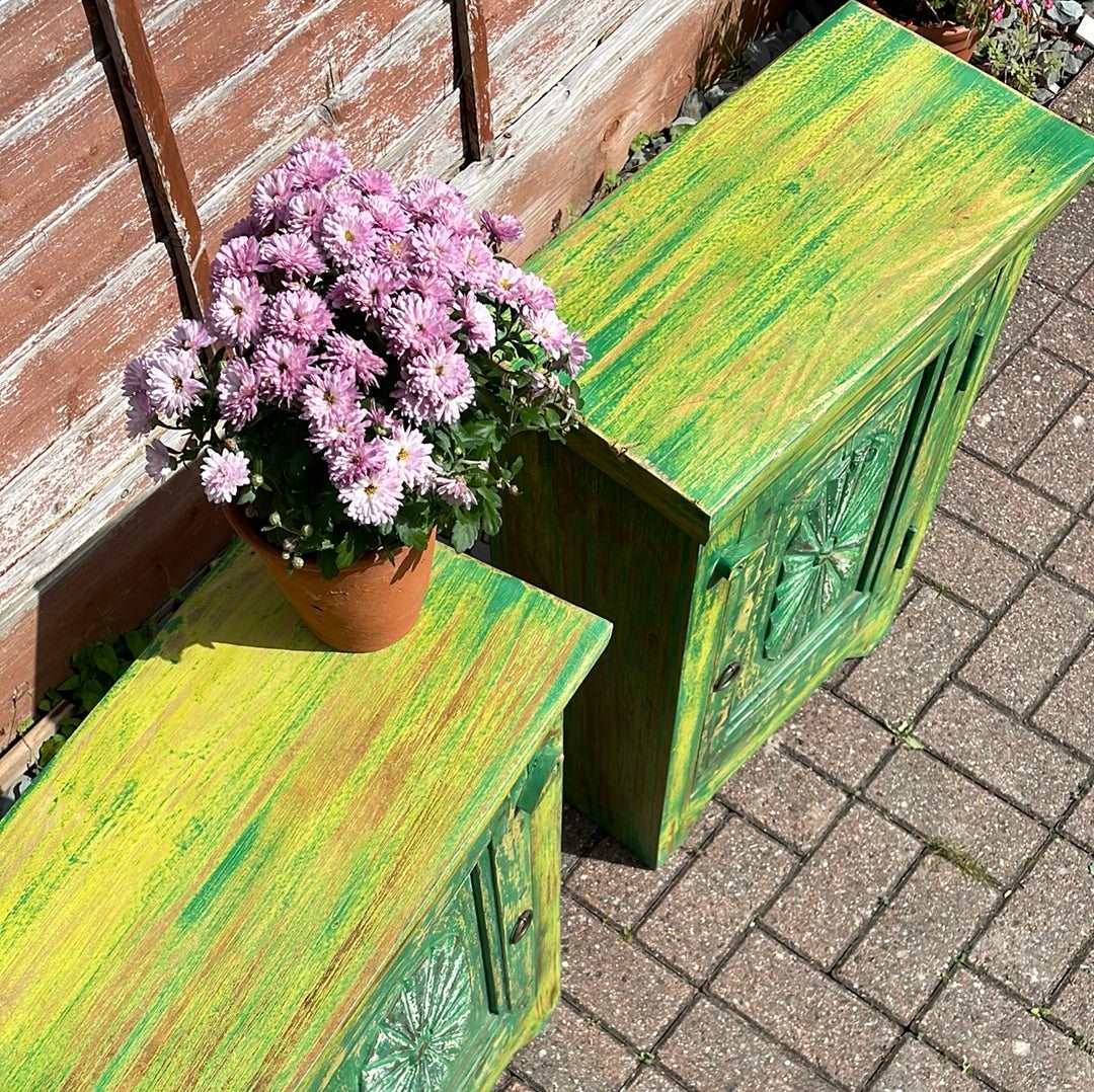 Pair of Indian bedside cupboard tables cabinets, Green distressed finish.