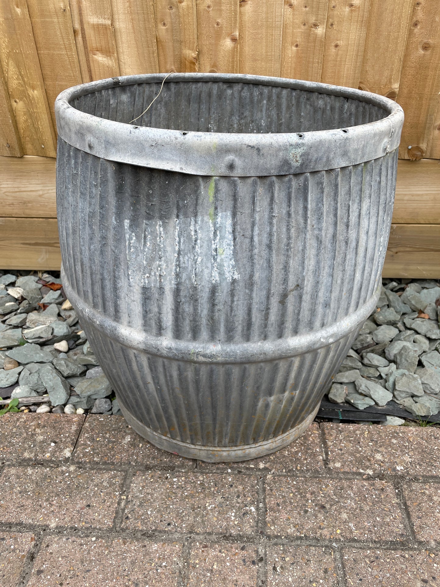Dolly tub vintage original English design barrel shaped galvanised planter.