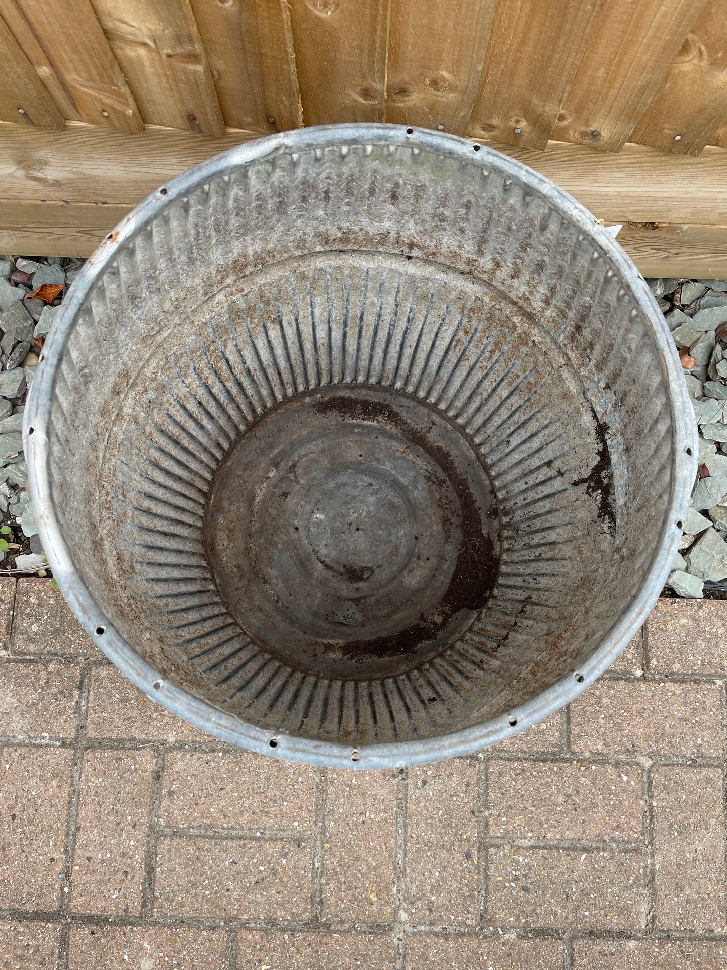 Dolly tub vintage original English design galvanised barrel shaped planter.