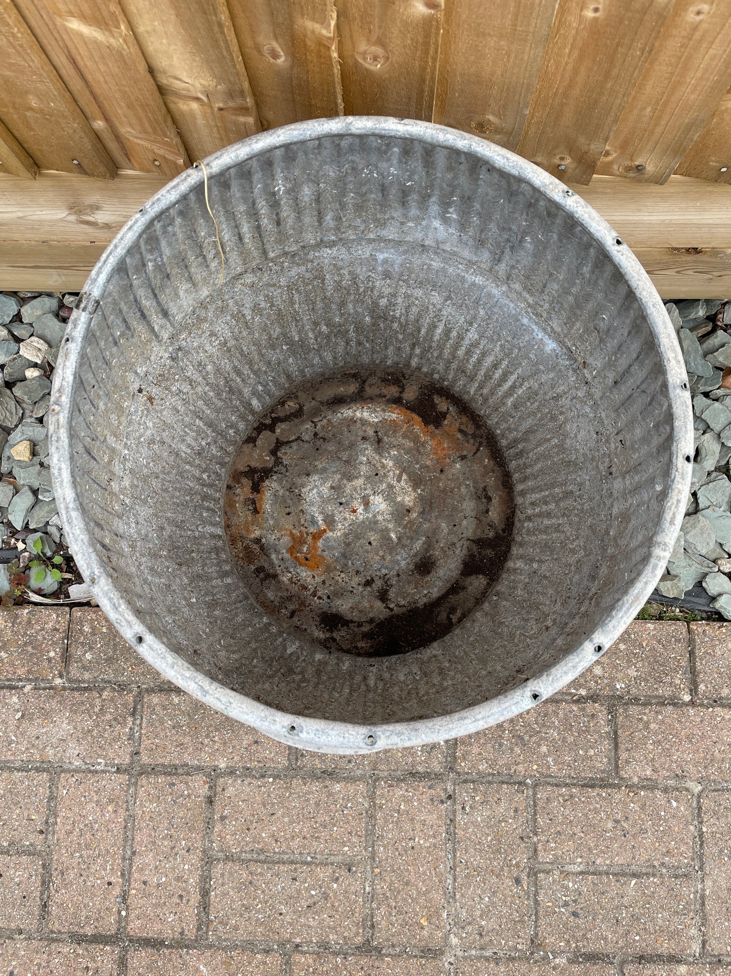 Dolly tub vintage original English design barrel shaped galvanised planter.