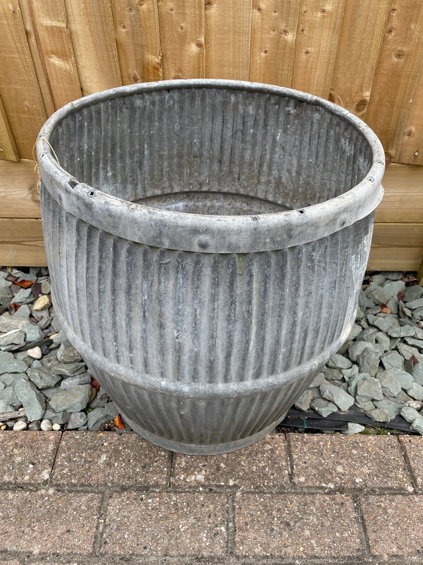 Dolly tub vintage original English design barrel shaped galvanised planter.
