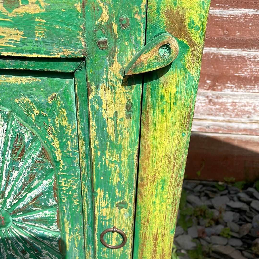 Pair of Indian bedside cupboard tables cabinets, Green distressed finish.