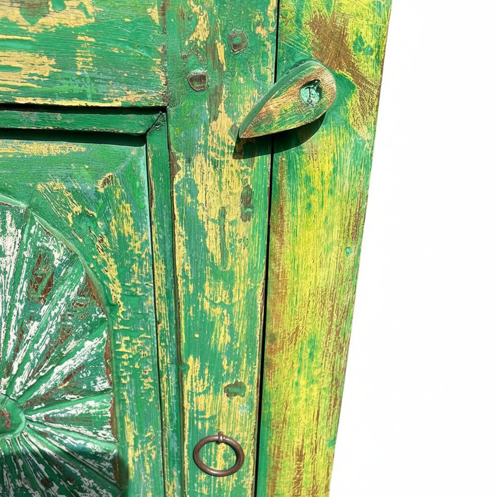 Pair of Indian bedside cupboard tables cabinets, Green distressed finish.
