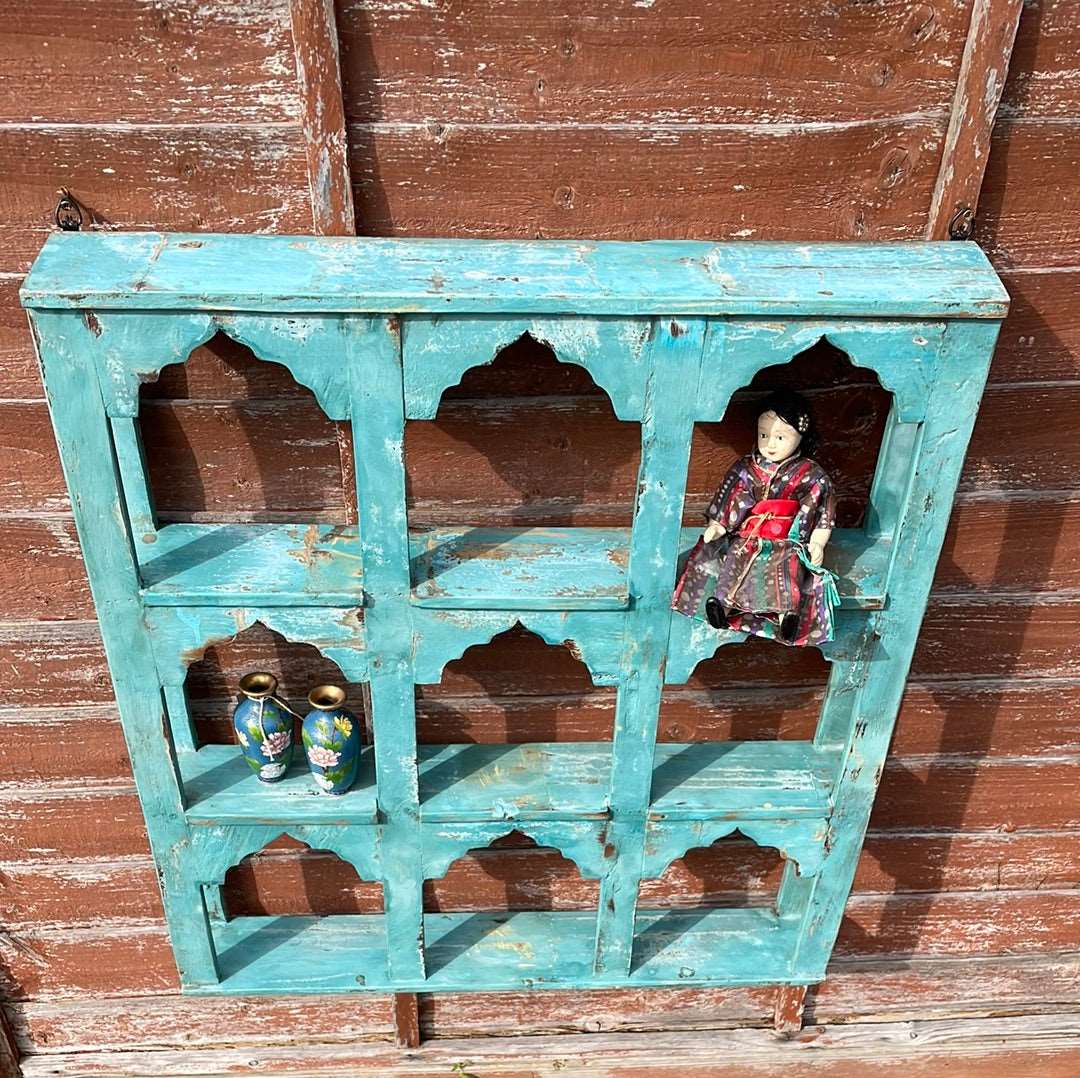 Indian arched temple shelf 9 compartments distressed blue finish.