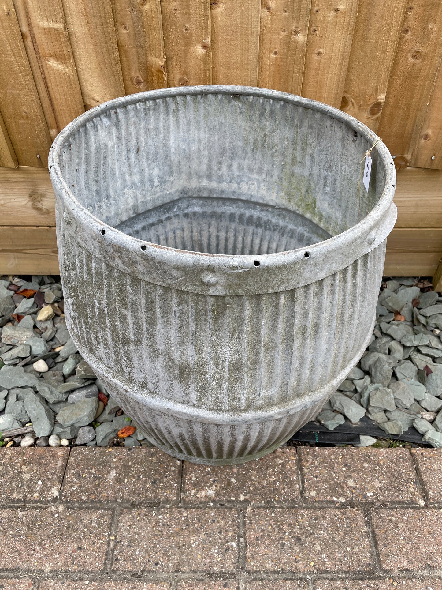 Dolly tub original vintage English design barrel shaped galvanised planter.