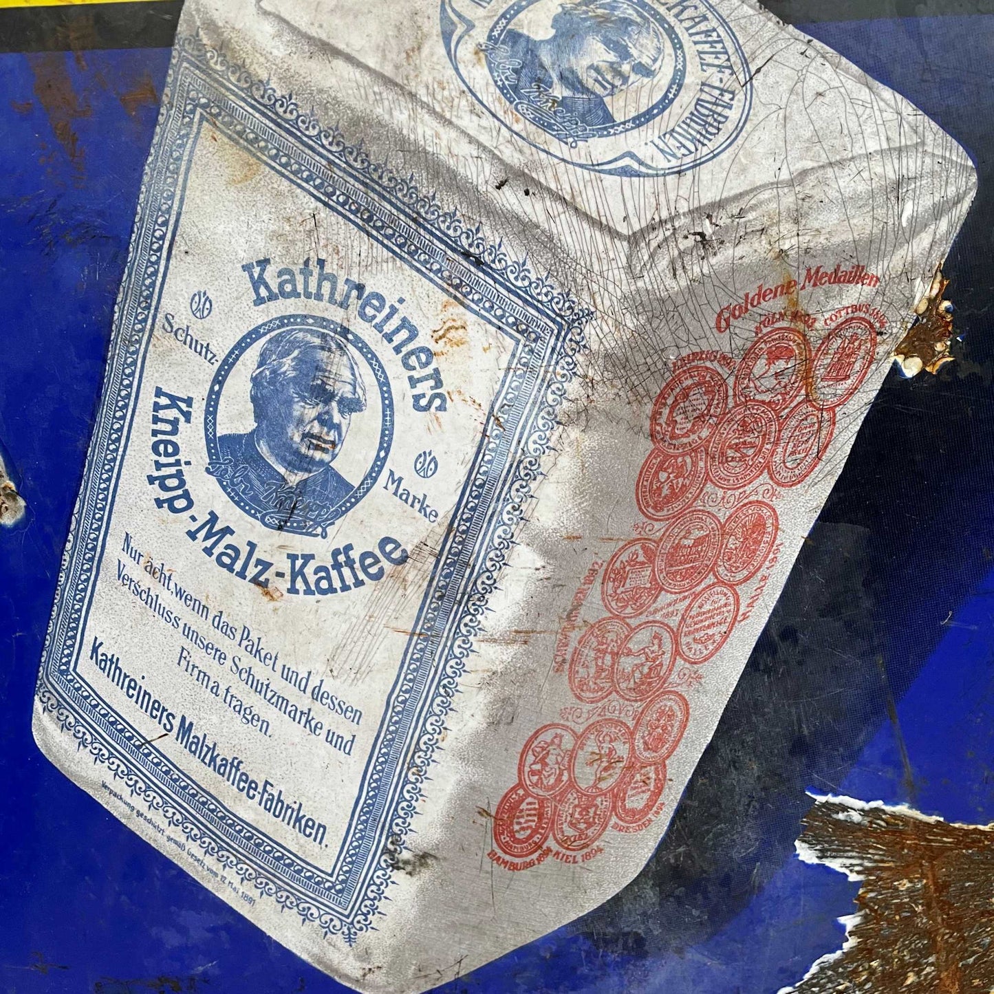 Antique enamelled advertising sign, Kathreiners Malz Kaffee, close up.