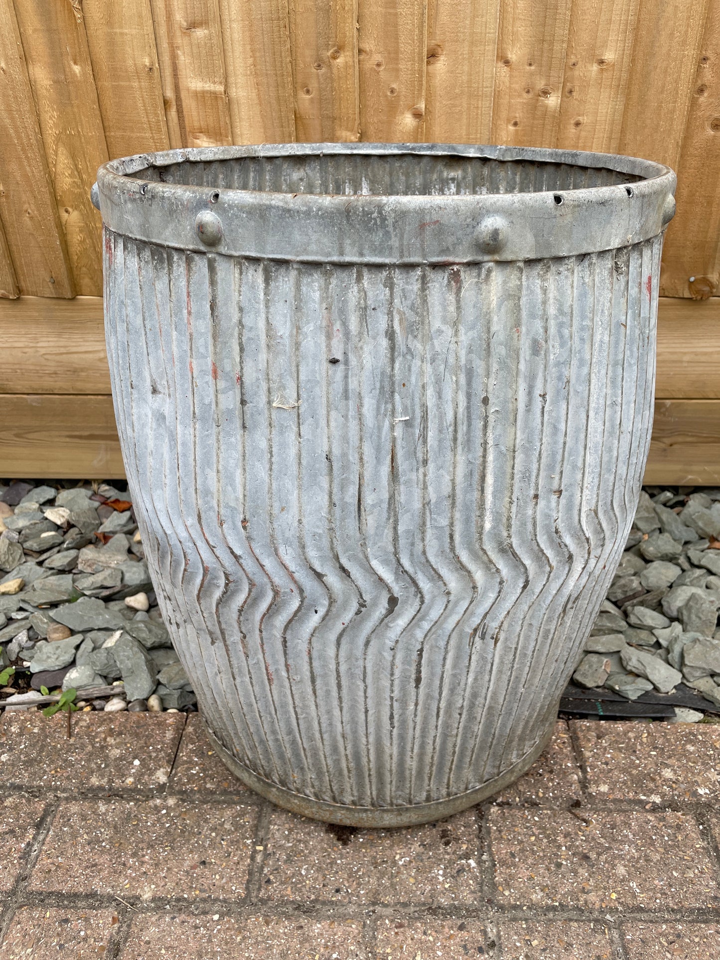 Dolly tub vintage original English chevron design galvanised planter.