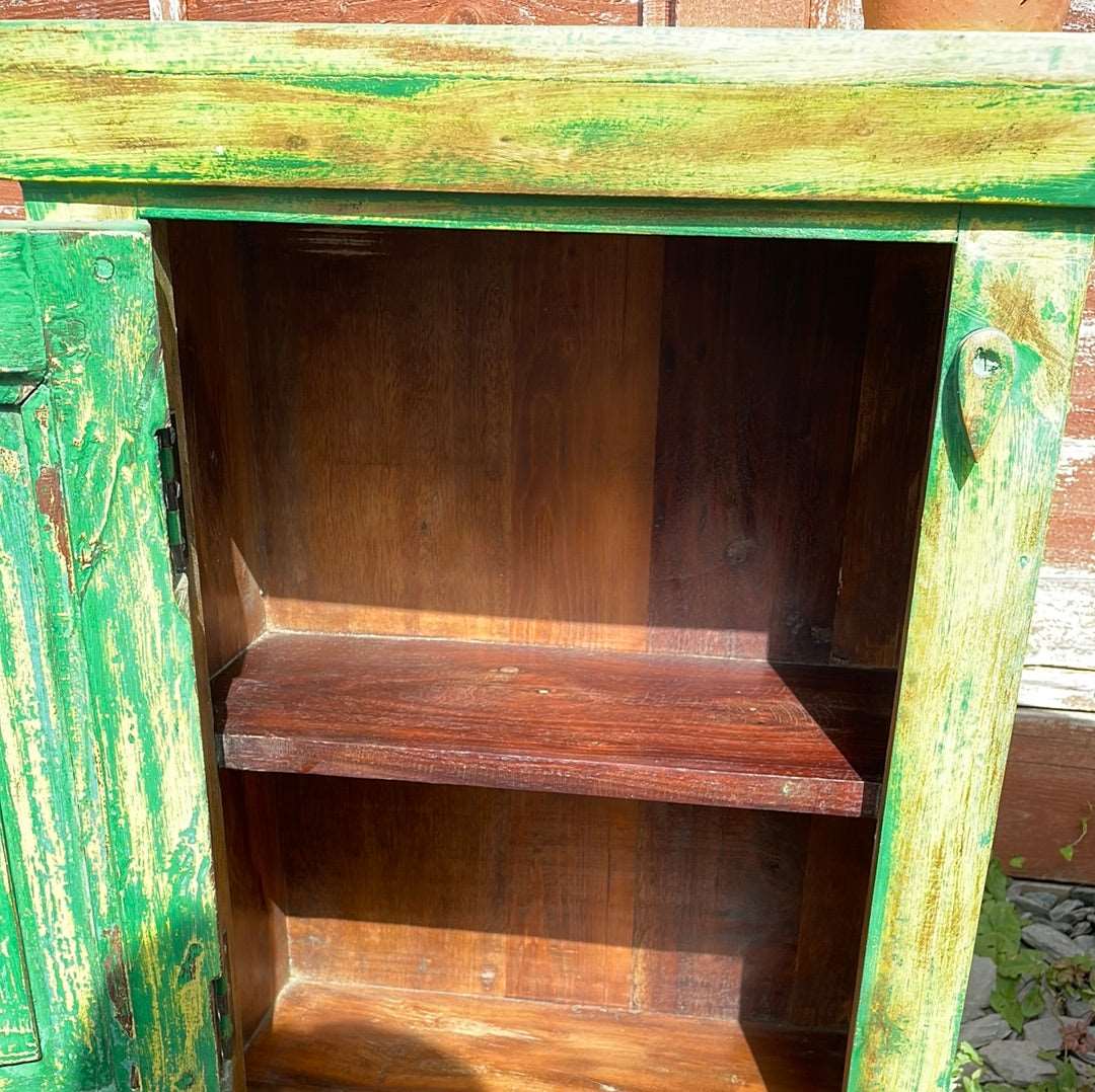 Pair of Indian bedside cupboard tables cabinets, Green distressed finish.