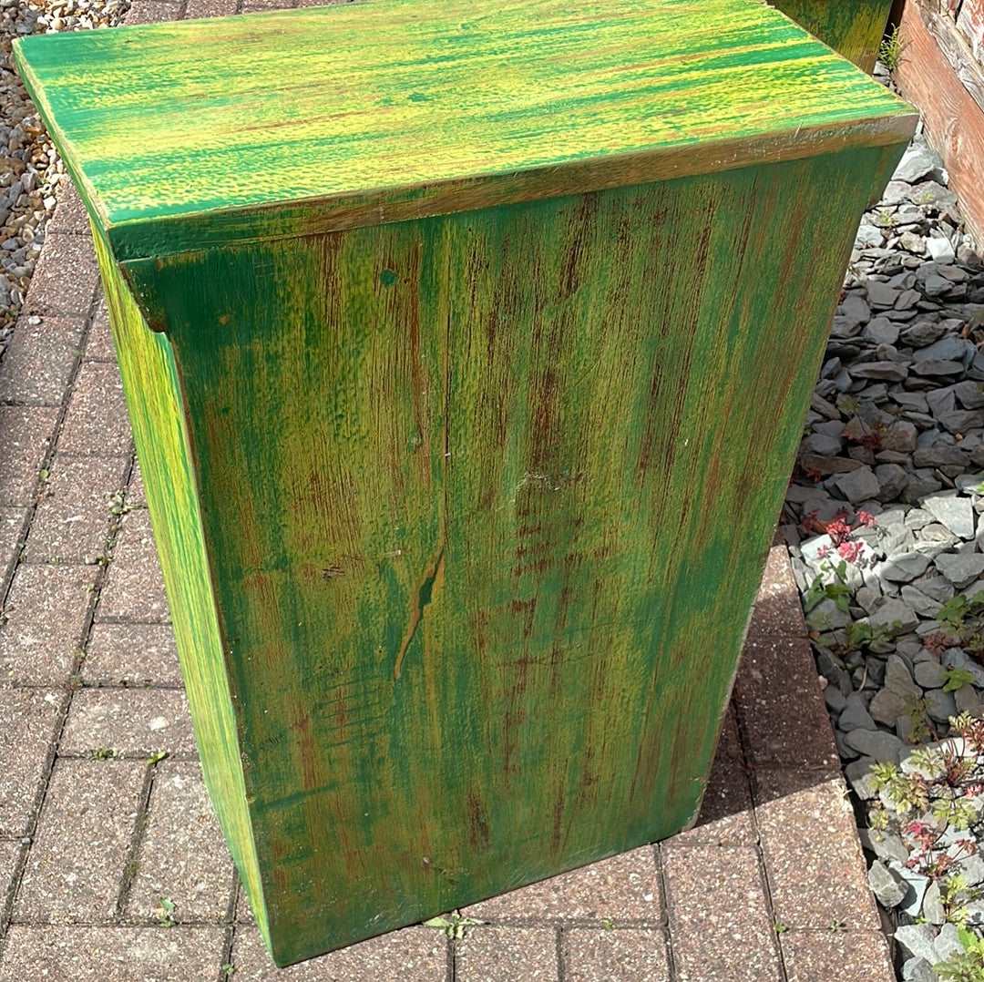 Pair of Indian bedside cupboard tables cabinets, Green distressed finish.