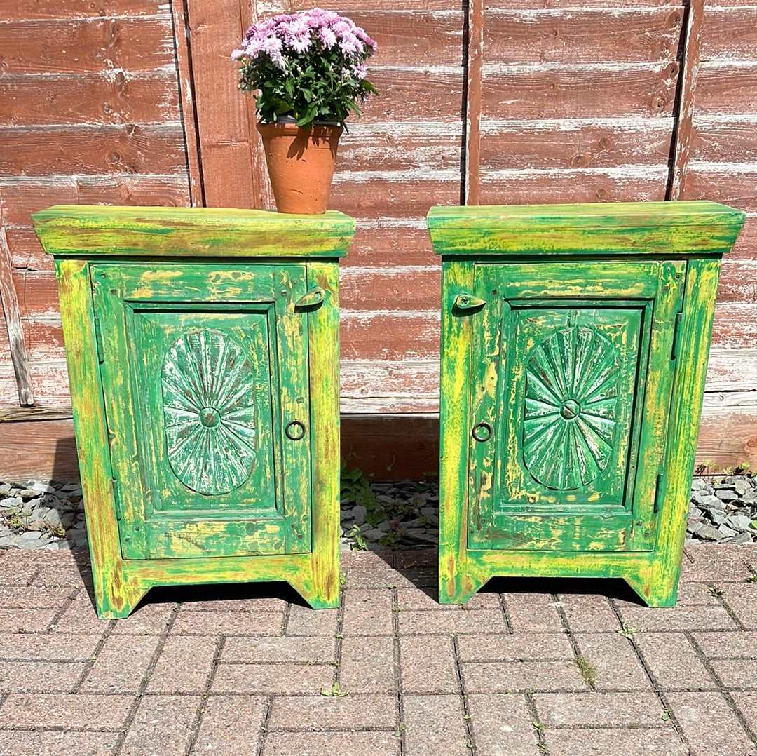 Pair of Indian bedside cupboard tables cabinets, Green distressed finish.