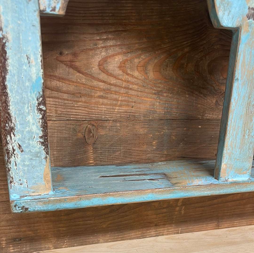 Indian arched temple shelf four compartments distressed blue finish.