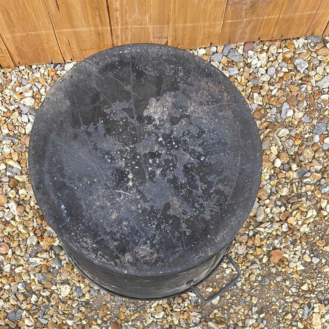 Tapered sided rustic galvanised two handled bin garden planter aged black paint.