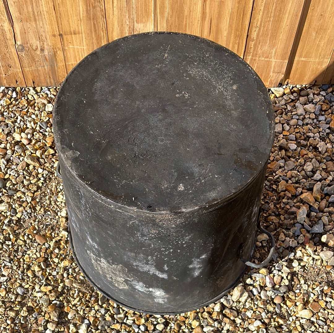 Taper sided two handled rustic galvanised bin planter worn black paint.