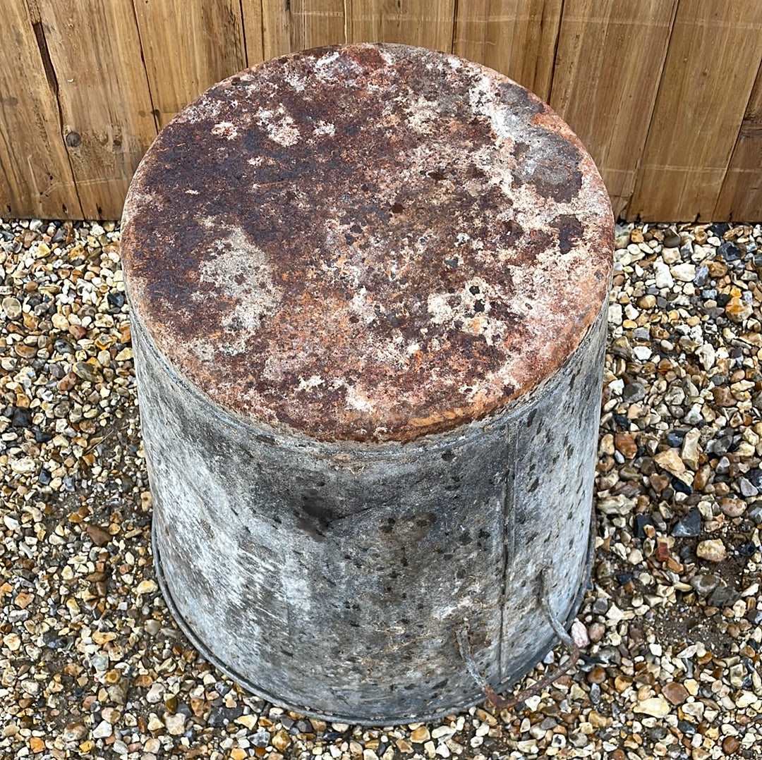 Taper sided two handled rustic galvanised bin garden planter container.