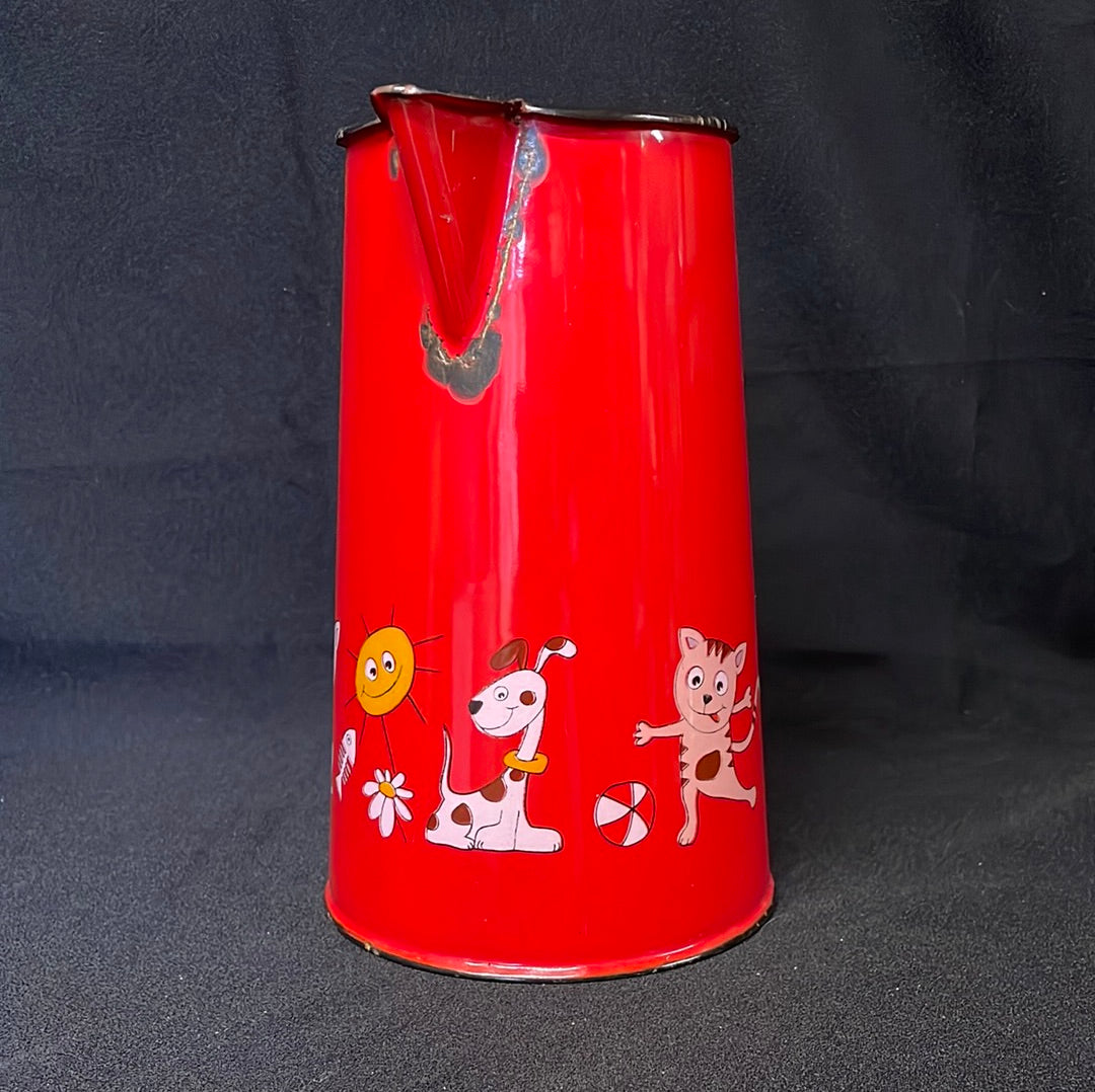 Red enamel 2 litre jug with cartoon characters.