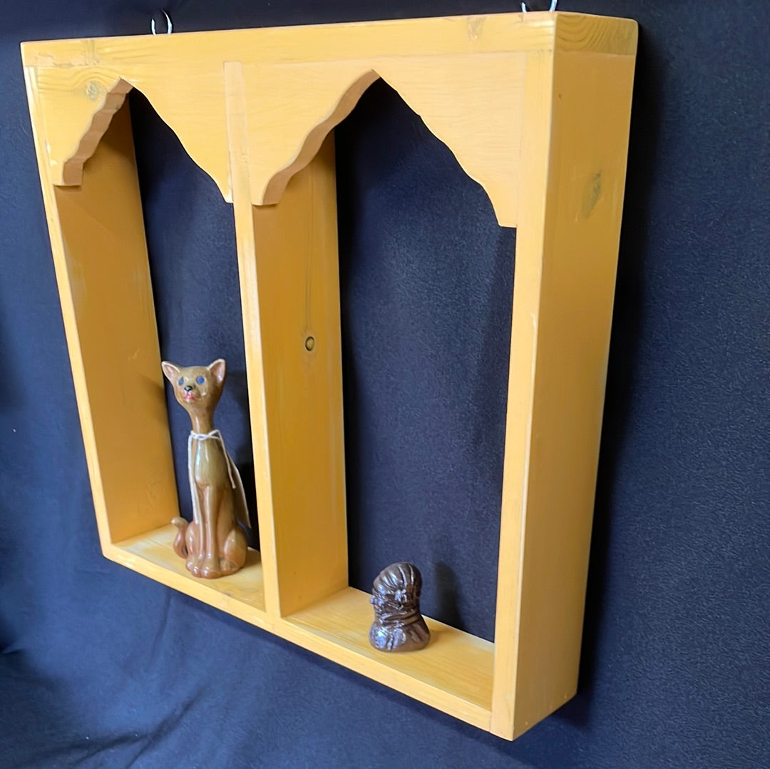 Wooden Indian temple style double sided shelf, orange.