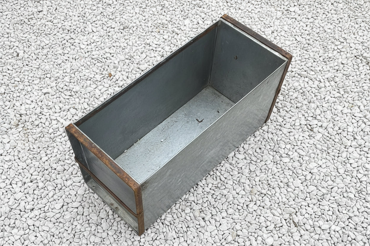 Rectangular metal trough planter top view.