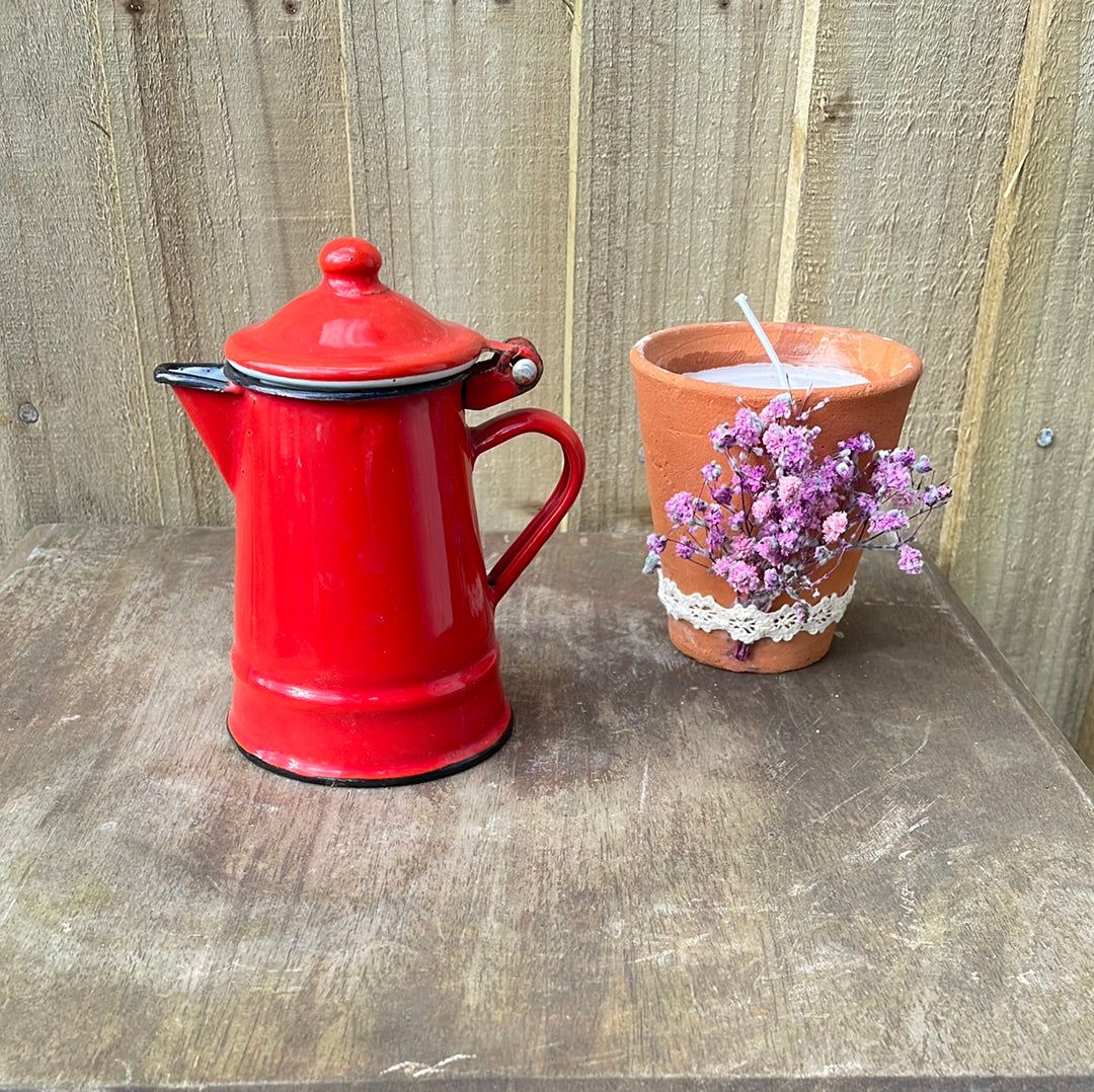 Mini enamel coffee pot with lid Red and white.