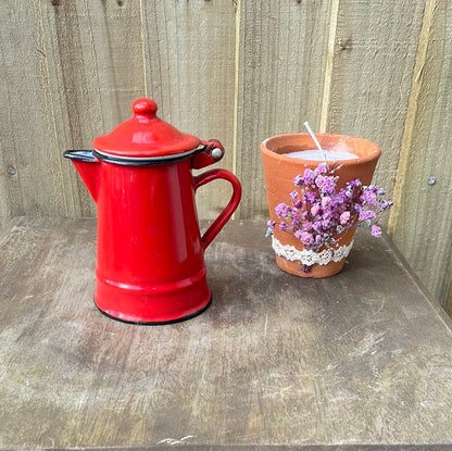 Mini enamel coffee pot with lid Red and white.