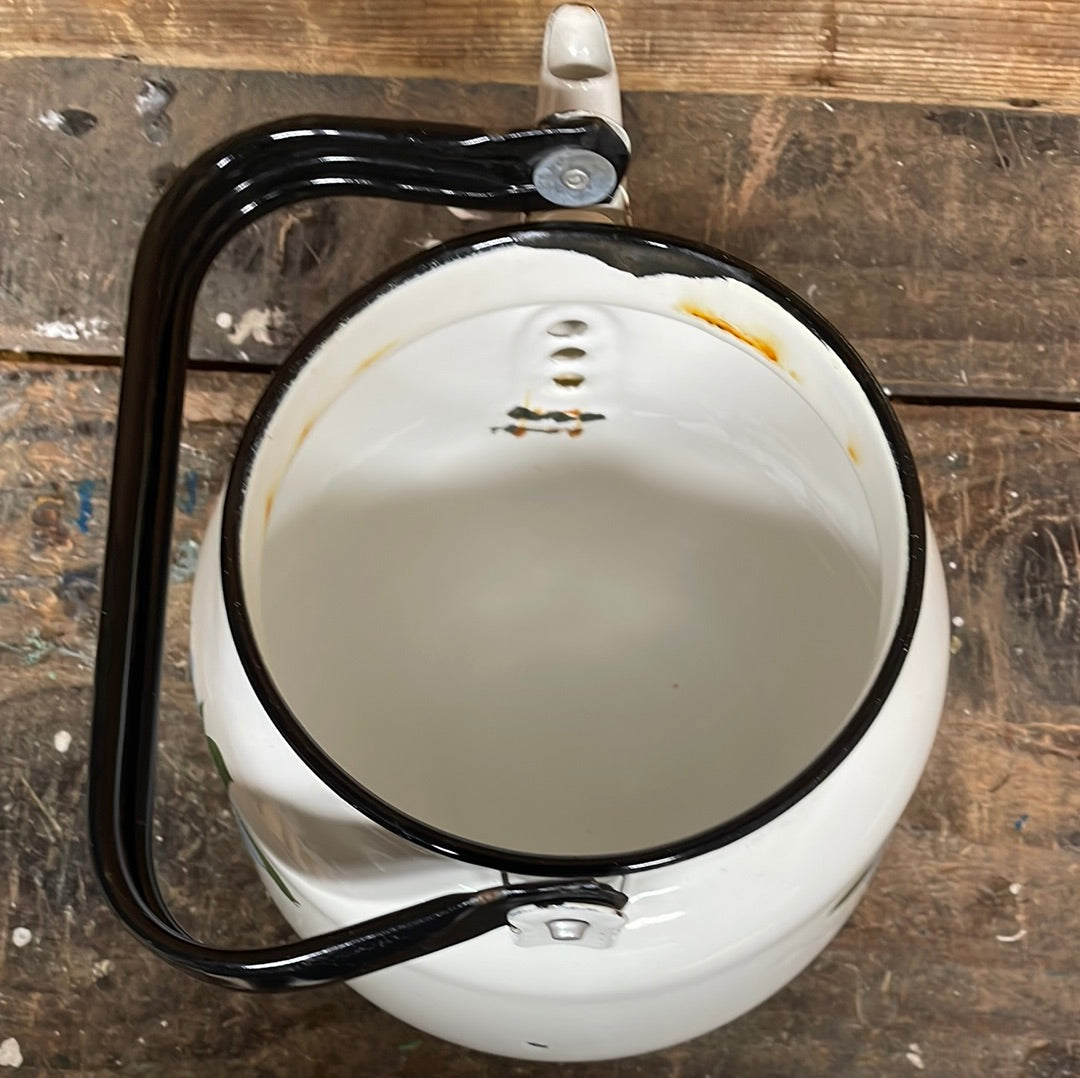 Vintage enamel kettle white with floral decor 3 litre.