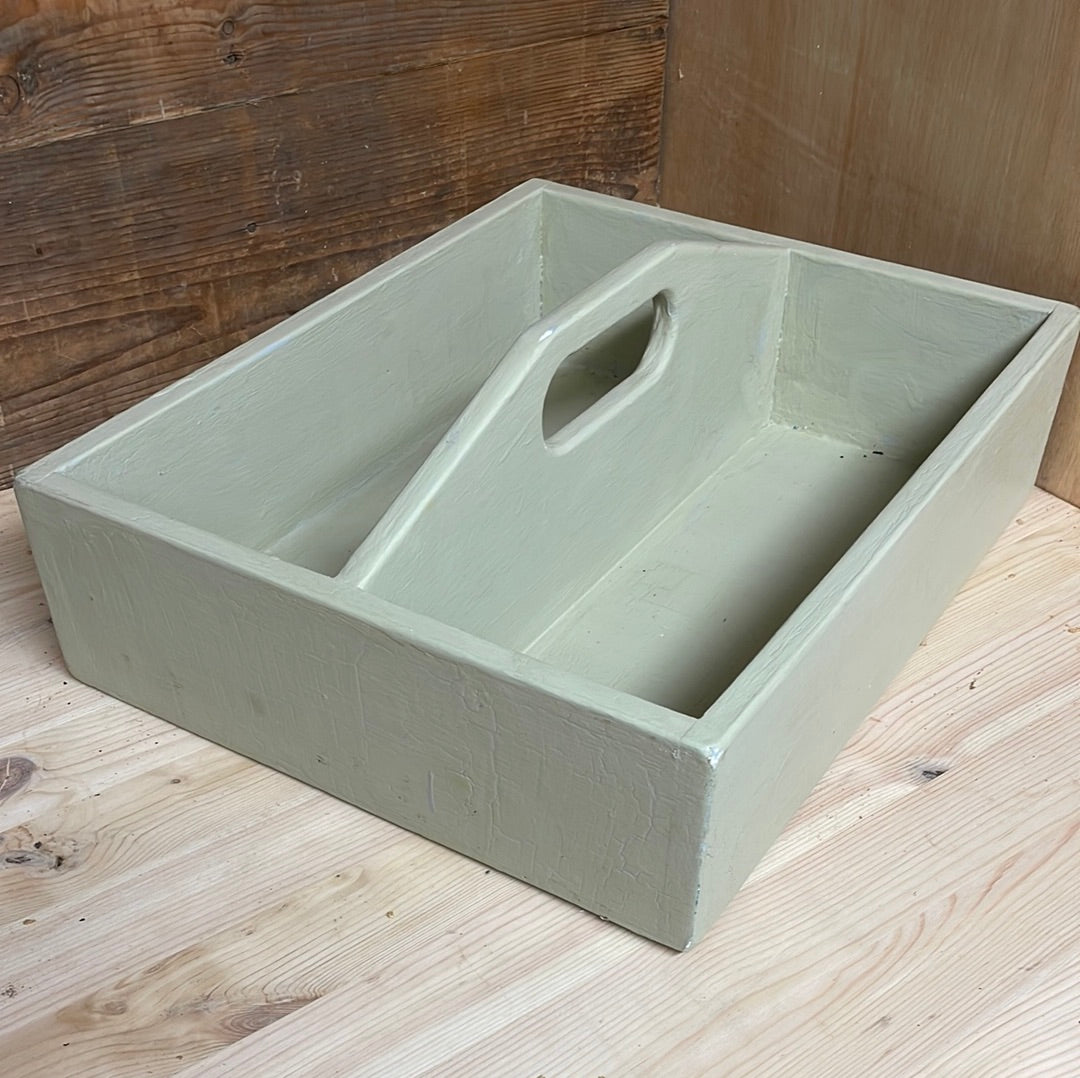 Handcrafted wooden painted tote tool tray, sage green, 40cm.
