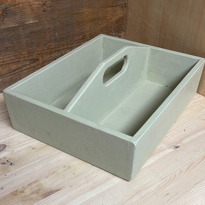 Handcrafted wooden painted tote tool tray, sage green, 40cm.