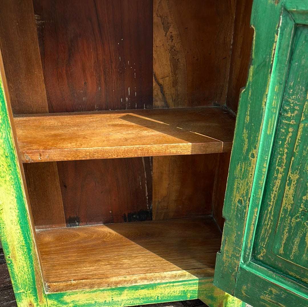 Pair of Indian bedside cupboard tables cabinets, Green distressed finish.