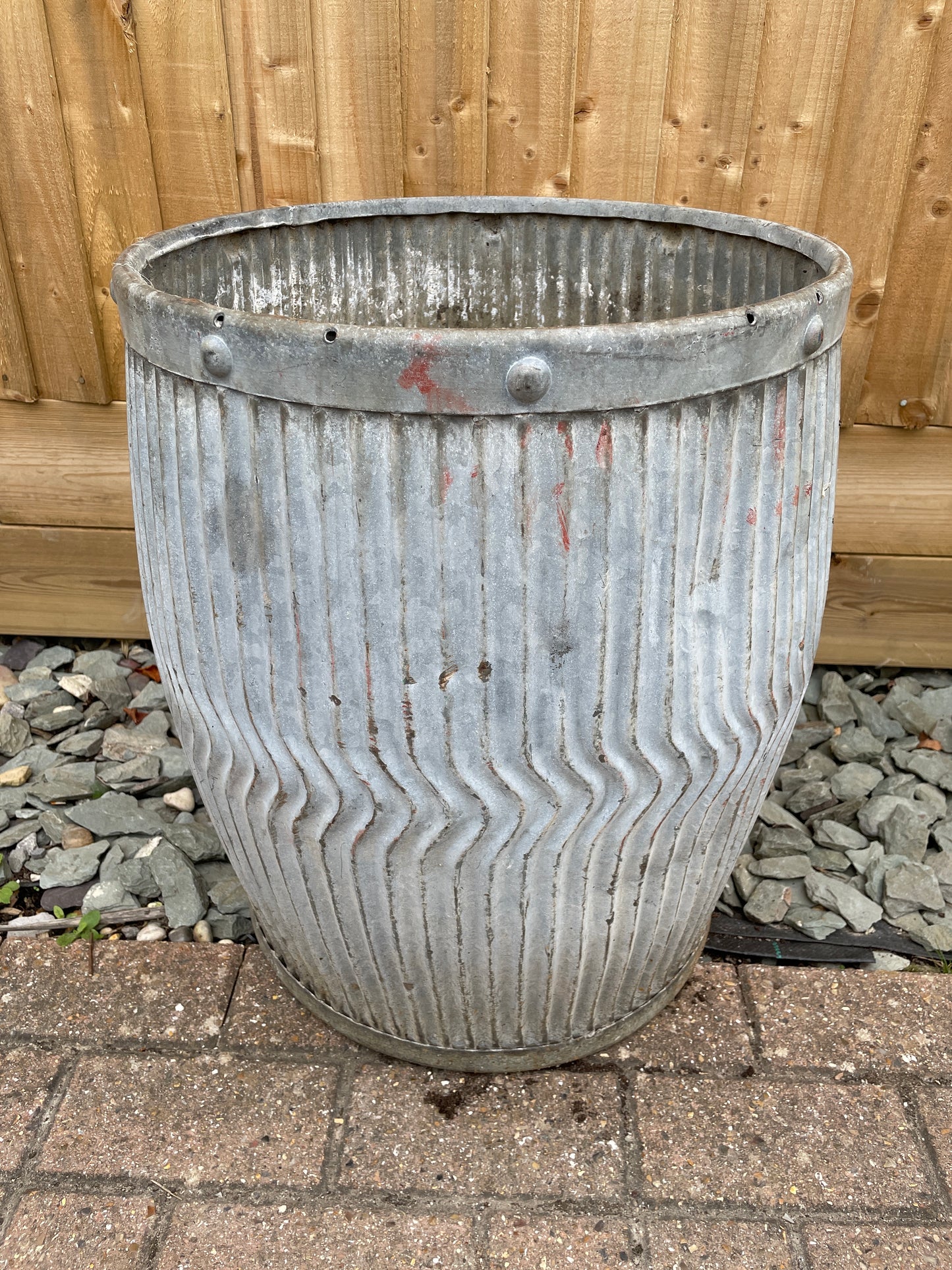 Dolly tub vintage original English chevron design galvanised planter.