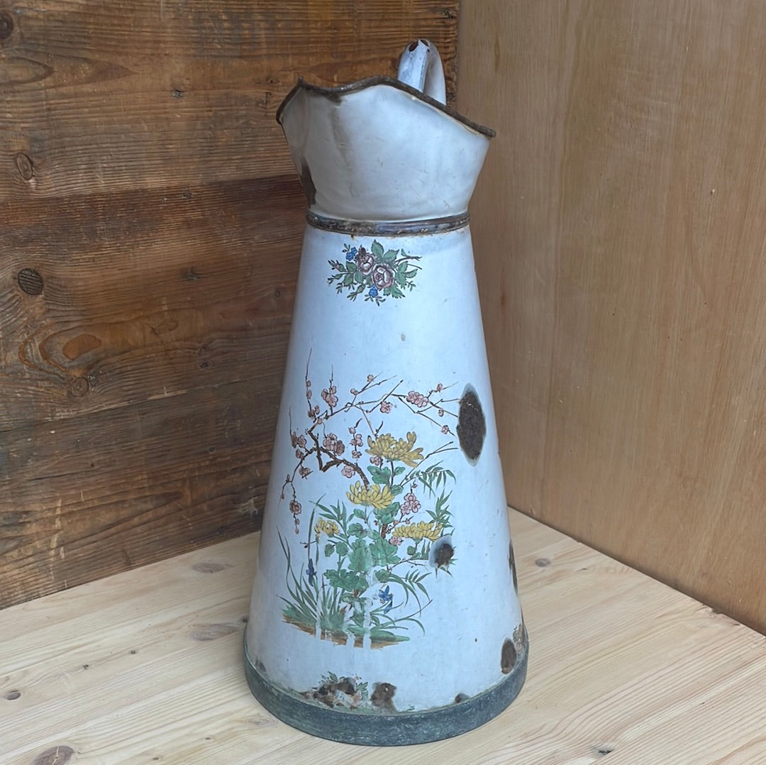 French large enamelled pitcher jug with floral décor