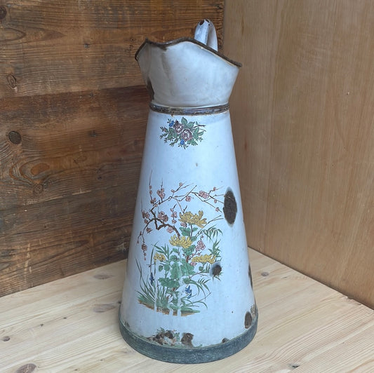 French large enamelled pitcher jug with floral décor
