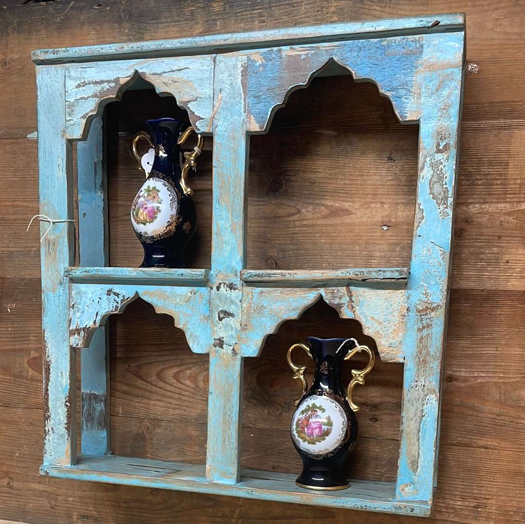 Indian arched temple shelf four compartments distressed blue finish.