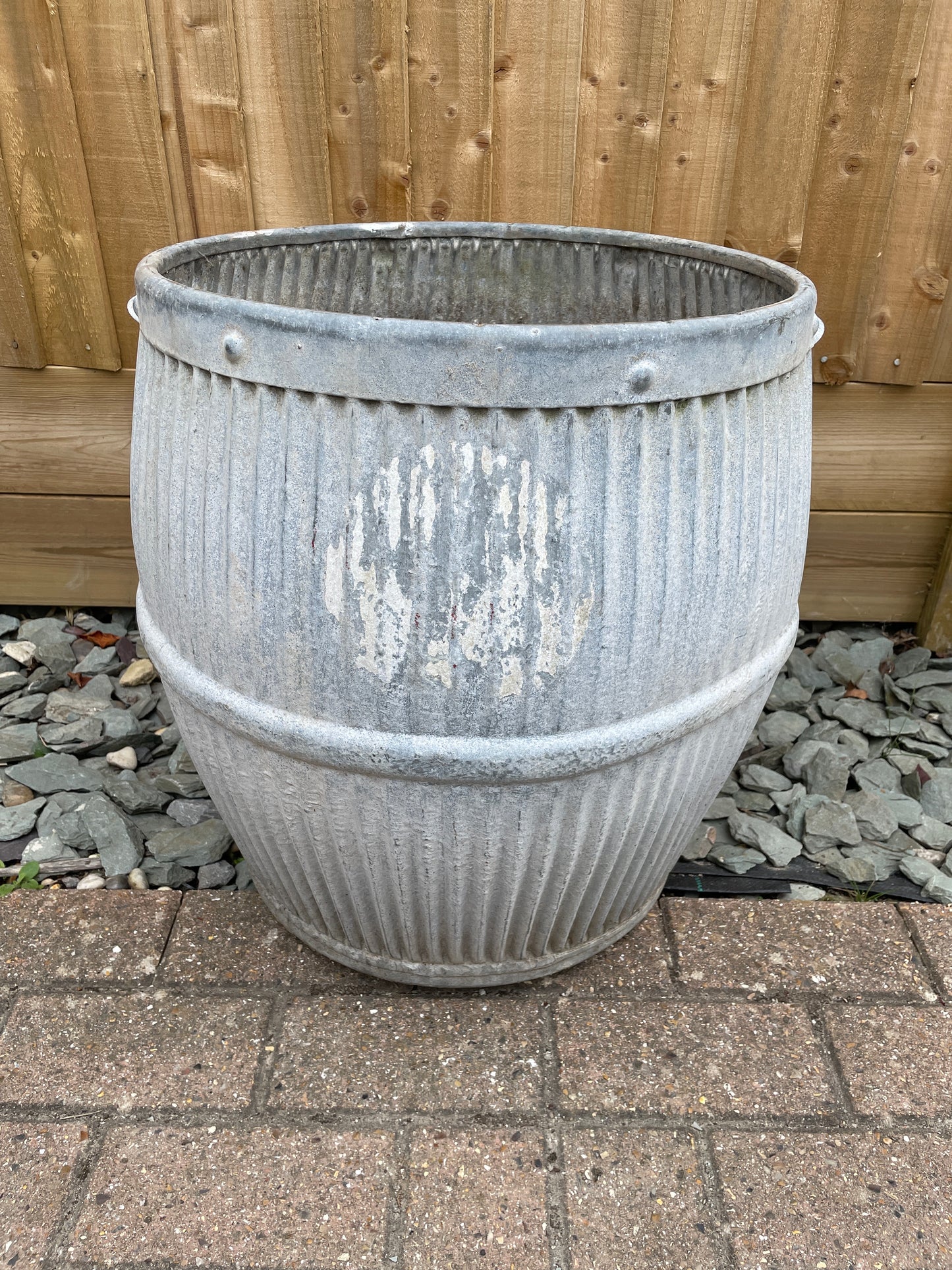 Dolly tub vintage original English design galvanised barrel shaped planter.