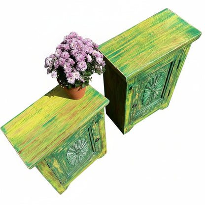 Pair of Indian bedside cupboard tables cabinets, Green distressed finish.