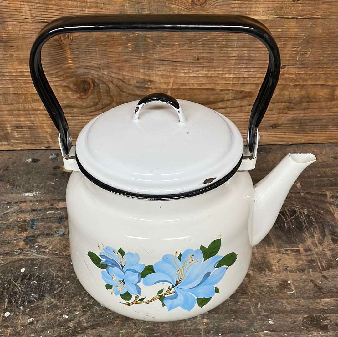 Vintage enamel kettle white with floral decor 3 litre.