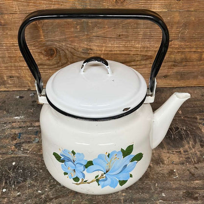 Vintage enamel kettle white with floral decor 3 litre.