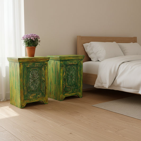 Pair of Indian bedside cupboard tables cabinets, Green distressed finish.