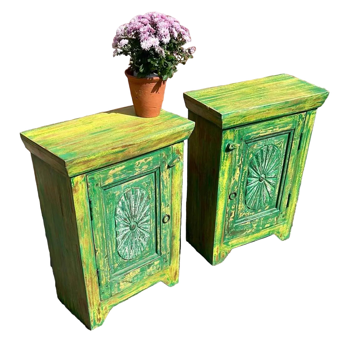 Pair of Indian bedside cupboard tables cabinets, Green distressed finish.