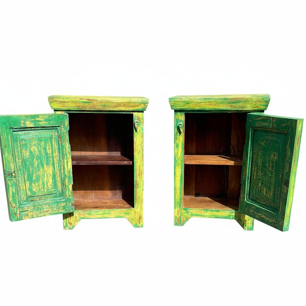 Pair of Indian bedside cupboard tables cabinets, Green distressed finish.