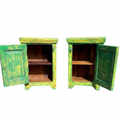 Pair of Indian bedside cupboard tables cabinets, Green distressed finish.