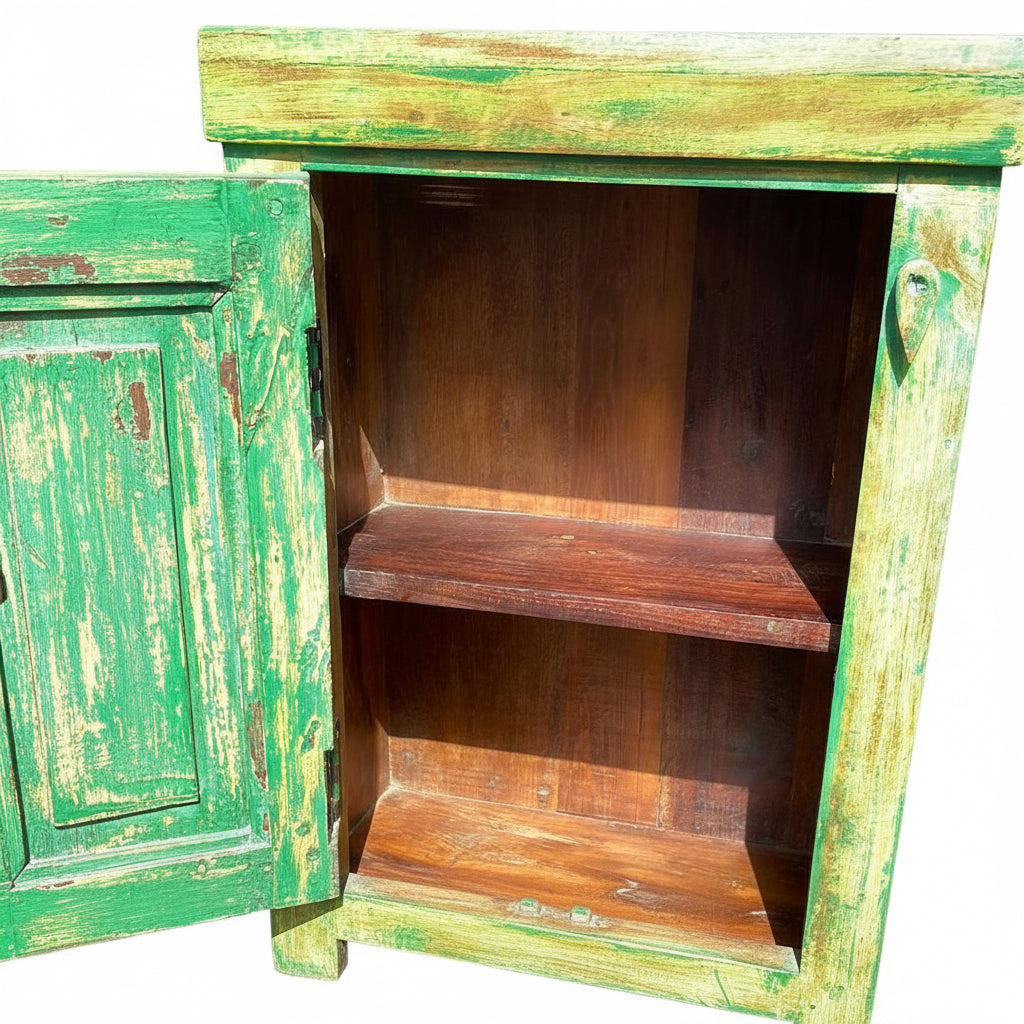 Pair of Indian bedside cupboard tables cabinets, Green distressed finish.