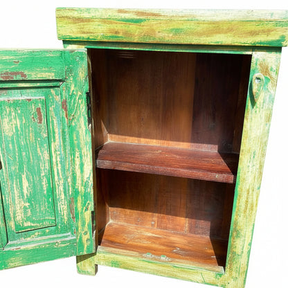 Pair of Indian bedside cupboard tables cabinets, Green distressed finish.